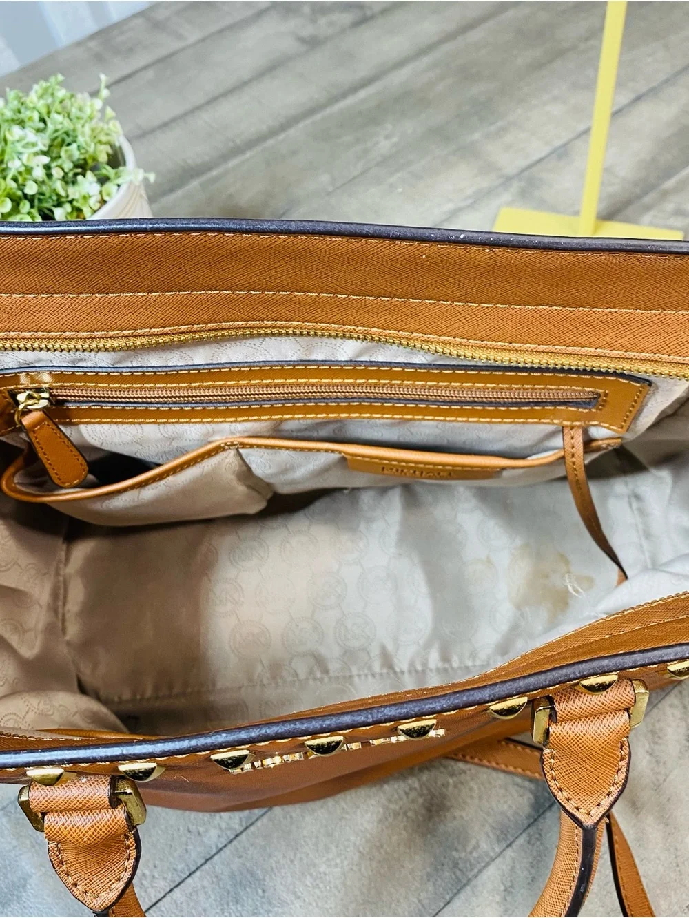 Michael Kors Selma Studded Large Brown Satchel Zip, Gold Hardware, Strap